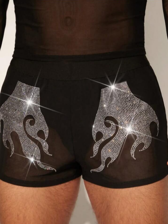 Men's Rhinestone See-Through Mesh Long Sleeve Tight-Fitting Sleepwear